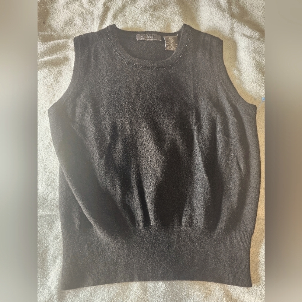 George by Mark Eisen Black Beaded Angora Wool Blend Sleeveless Sweater Top L